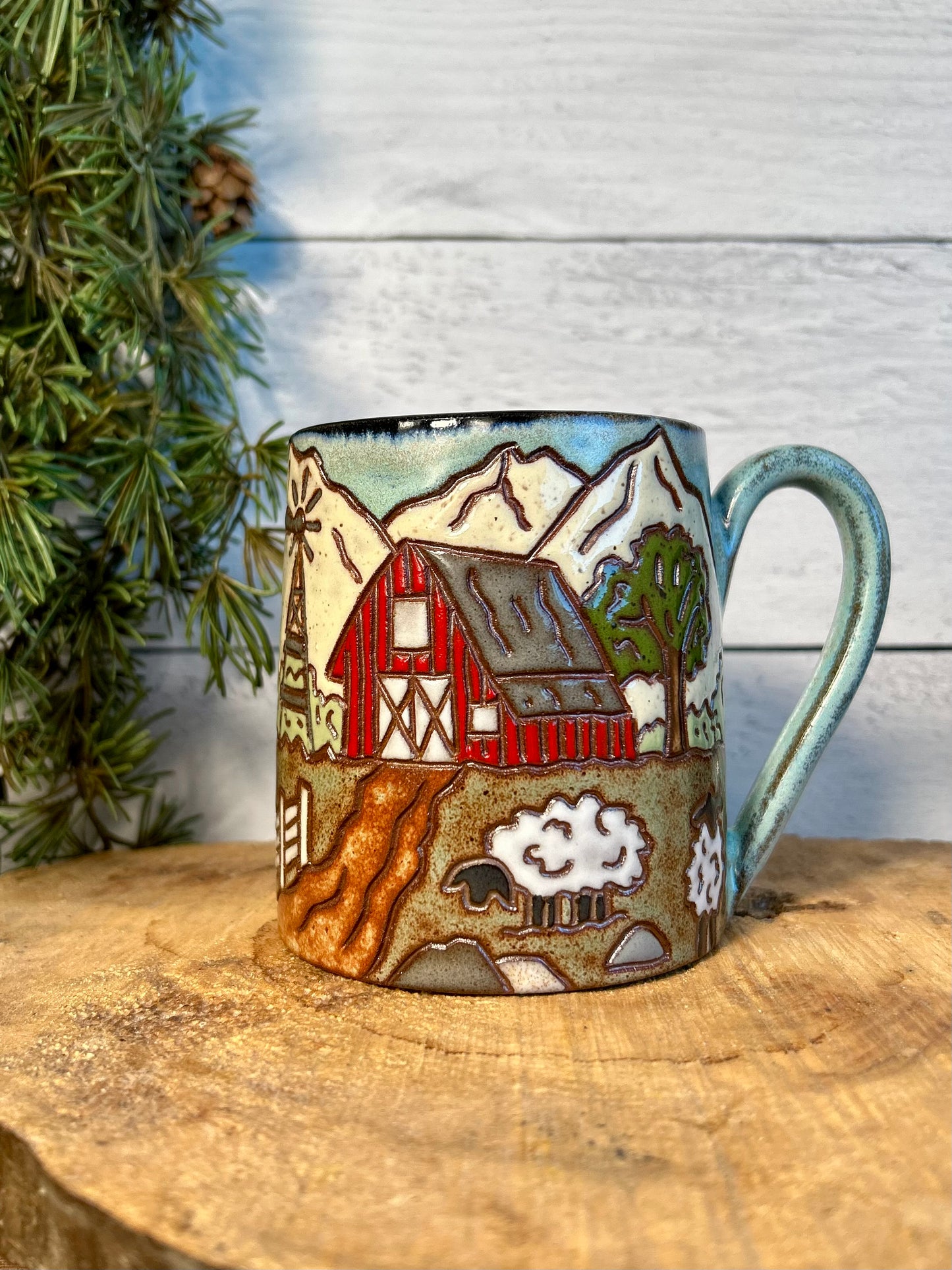 Barn mug with sheep